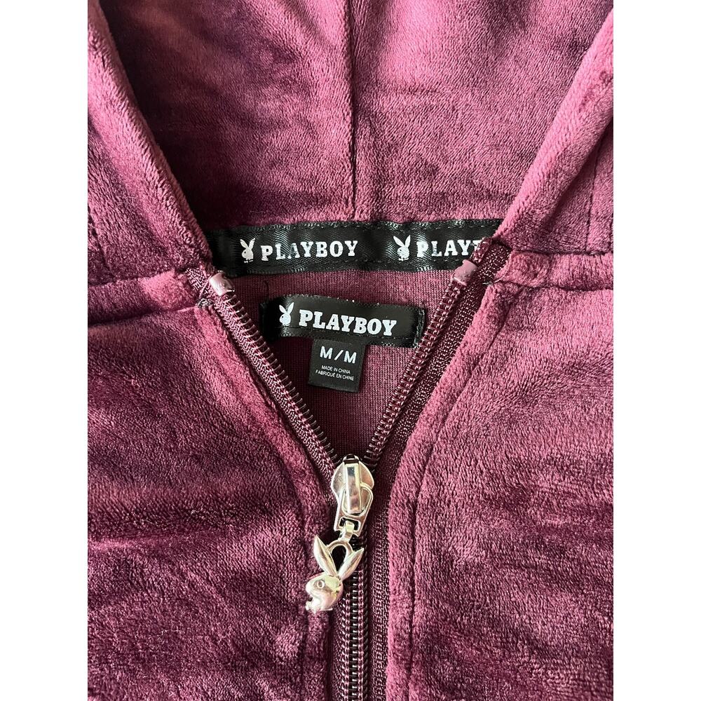 Playboy M Burgundy Velour Cropped Zip Hoodie Rhinestone Bunny Y2K Streetwear - Picture 2 of 8